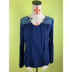 Red Camel Boho Hippie Embroidered Ruffle Lace Up Top Women’s S Blue